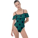 Large Black Polka Dots On Christmas Green - Frill Detail One Piece Swimsuit View1
