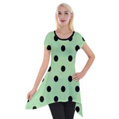 Large Black Polka Dots On Pale Green - Short Sleeve Side Drop Tunic by FashionLane