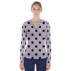 Large Black Polka Dots On Abalone Grey - V-neck Long Sleeve Top by FashionLane