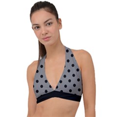 Large Black Polka Dots On Battleship Grey - Halter Plunge Bikini Top by FashionLane