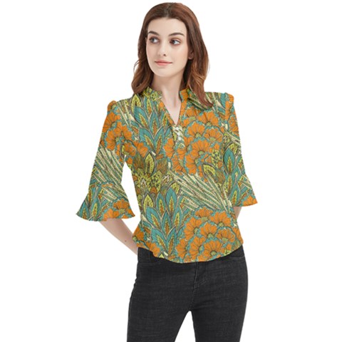 Orange Flowers Loose Horn Sleeve Chiffon Blouse by goljakoff