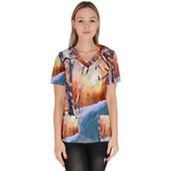Paysage D hiver Women s V-neck Scrub Top by sfbijiart