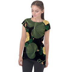 Tropical Vintage Yellow Hibiscus Floral Green Leaves Seamless Pattern Black Background  Cap Sleeve High Low Top by Sobalvarro