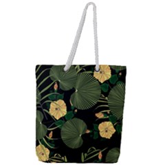 Tropical Vintage Yellow Hibiscus Floral Green Leaves Seamless Pattern Black Background  Full Print Rope Handle Tote (large) by Sobalvarro