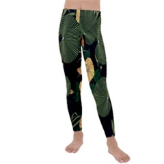 Tropical Vintage Yellow Hibiscus Floral Green Leaves Seamless Pattern Black Background  Kids  Lightweight Velour Leggings by Sobalvarro