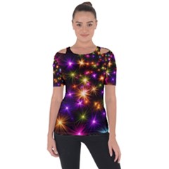 Star Colorful Christmas Abstract Shoulder Cut Out Short Sleeve Top by Dutashop