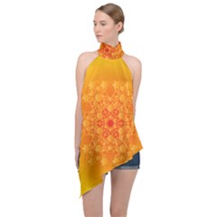Fractal Yellow Orange Halter Asymmetric Satin Top by Dutashop
