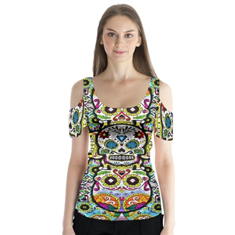Sugar Skulls Pattern Butterfly Sleeve Cutout Tee  by ExtraAwesomeSauce