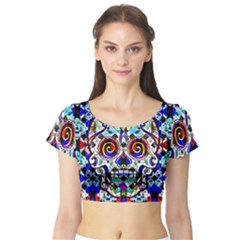Sugar Skull Pattern 2 Short Sleeve Crop Top by ExtraAwesomeSauce