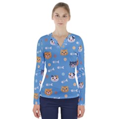 Cute Cat Pattern V-neck Long Sleeve Top by ExtraAwesomeSauce