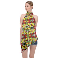 Leaves Pattern Halter Asymmetric Satin Top by ExtraAwesomeSauce