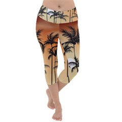 Sunset Palm Trees Beach Summer Lightweight Velour Capri Yoga Leggings by ExtraAwesomeSauce