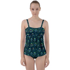 Watercolor Peacock Feather Pattern Twist Front Tankini Set by ExtraAwesomeSauce