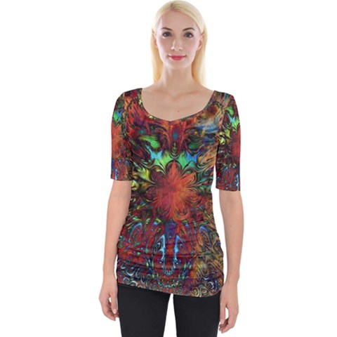 Boho Hippie Trippy Floral Pattern Wide Neckline Tee by CrypticFragmentsDesign