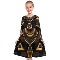Black And Gold Abstract Line Art Pattern Kids  Midi Sailor Dress by CrypticFragmentsDesign