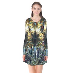 Multicolor Floral Art Copper Patina  Long Sleeve V-neck Flare Dress by CrypticFragmentsDesign