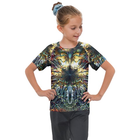 Multicolor Floral Art Copper Patina  Kids  Mesh Piece Tee by CrypticFragmentsDesign
