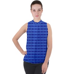 Basket Weave Basket Pattern Blue Mock Neck Chiffon Sleeveless Top by Dutashop