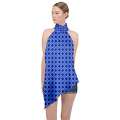 Basket Weave Basket Pattern Blue Halter Asymmetric Satin Top by Dutashop