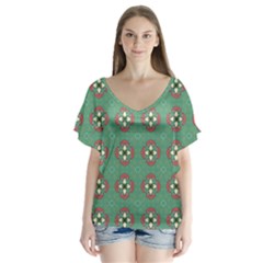Mushrooms In The Meadow  V-neck Flutter Sleeve Top by SychEva