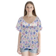 Watercolor Dandelions V-neck Flutter Sleeve Top by SychEva