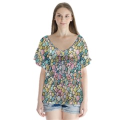 Multicolored Watercolor Stones V-neck Flutter Sleeve Top by SychEva