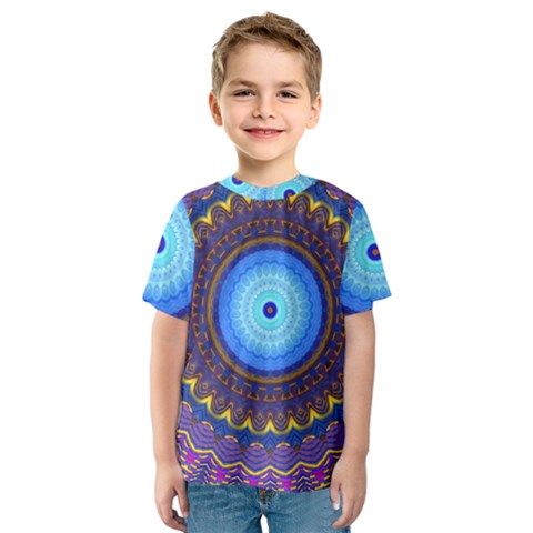 Blue Violet Midnight Sun Mandala Boho Hipppie Kids  Sport Mesh Tee by CrypticFragmentsDesign