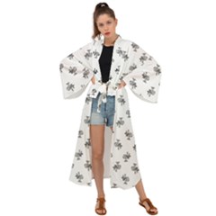 Black And White Sketchy Birds Motif Pattern Maxi Kimono by dflcprintsclothing