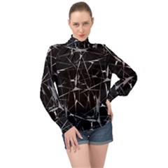 Black And White Splatter Abstract Print High Neck Long Sleeve Chiffon Top by dflcprintsclothing