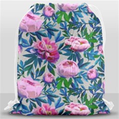 Pink Peonies Watercolor Drawstring Bag (large) by SychEva