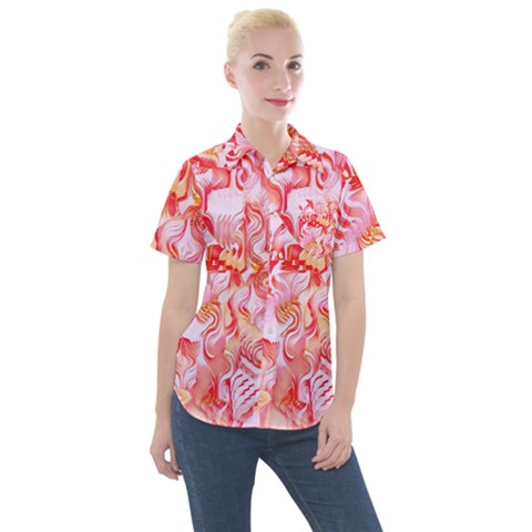 Cherry Blossom Cascades Abstract Floral Pattern Pink White  Women s Short Sleeve Pocket Shirt by CrypticFragmentsDesign