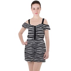 Zebra Stripes, Black And White Asymmetric Lines, Wildlife Pattern Ruffle Cut Out Chiffon Playsuit by Casemiro