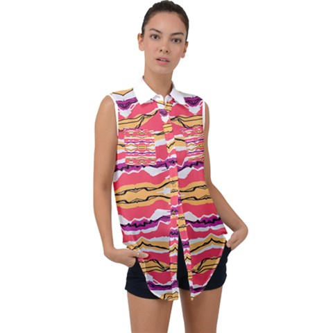 Earth Boho Print Sleeveless Chiffon Button Shirt by gloriasanchez