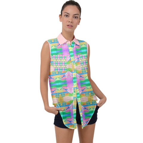 Colorful Neon Pattern  Sleeveless Chiffon Button Shirt by gloriasanchez
