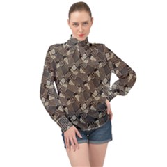 Browns Geometric Abstract Design High Neck Long Sleeve Chiffon Top by dflcprintsclothing