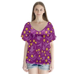 Folk Flowers Art Pattern Floral Abstract Surface Design  Seamless Pattern V-neck Flutter Sleeve Top by Eskimos