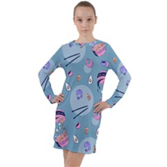 Japanese Ramen Sushi Noodles Rice Bowl Food Pattern 2 Long Sleeve Hoodie Dress by DinzDas