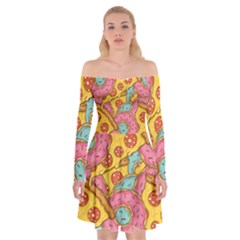 Fast Food Pizza And Donut Pattern Off Shoulder Skater Dress by DinzDas