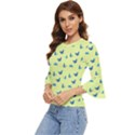Blue butterflies at lemon yellow, nature themed pattern Bell Sleeve Top View2