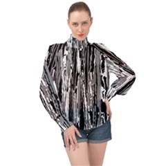 Black And White Abstract Linear Print High Neck Long Sleeve Chiffon Top by dflcprintsclothing