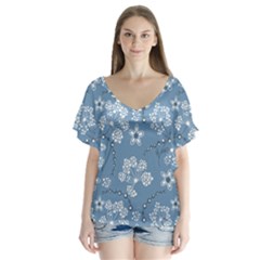 Folk Flowers Art Pattern  V-neck Flutter Sleeve Top by Eskimos