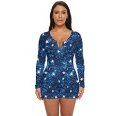 Dark Blue Stars Long Sleeve Boyleg Swimsuit by AnkouArts