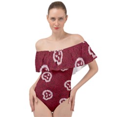 White Skulls On Red Shiny Background Off Shoulder Velour Bodysuit  by SychEva