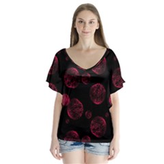 Red Sponge Prints On Black Background V-neck Flutter Sleeve Top by SychEva