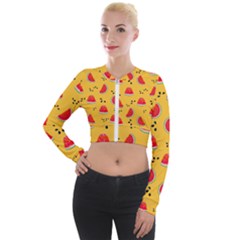 Slices Of Juicy Red Watermelon On A Yellow Background Long Sleeve Cropped Velvet Jacket by SychEva