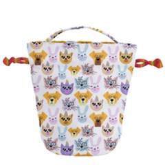 Funny Animal Faces With Glasses On A White Background Drawstring Bucket Bag by SychEva