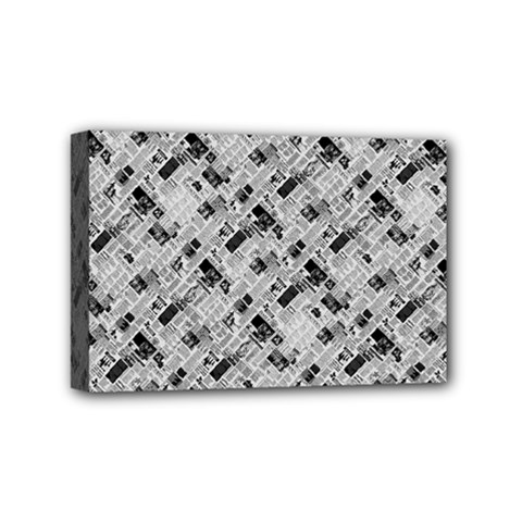 8 Bit Newspaper Pattern, Gazette Collage Black And White Mini Canvas 6  X 4  (stretched) by Casemiro