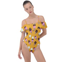 Ice Cream On An Orange Background Pattern                                                            Frill Detail One Piece Swimsuit by LalyLauraFLM