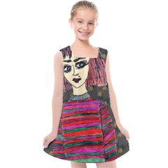 Floral Band Goth Girl Grey Bg Kids  Cross Back Dress by snowwhitegirl