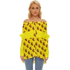 Vector Burgers, Fast Food Sandwitch Pattern At Yellow Off Shoulder Chiffon Pocket Shirt by Casemiro